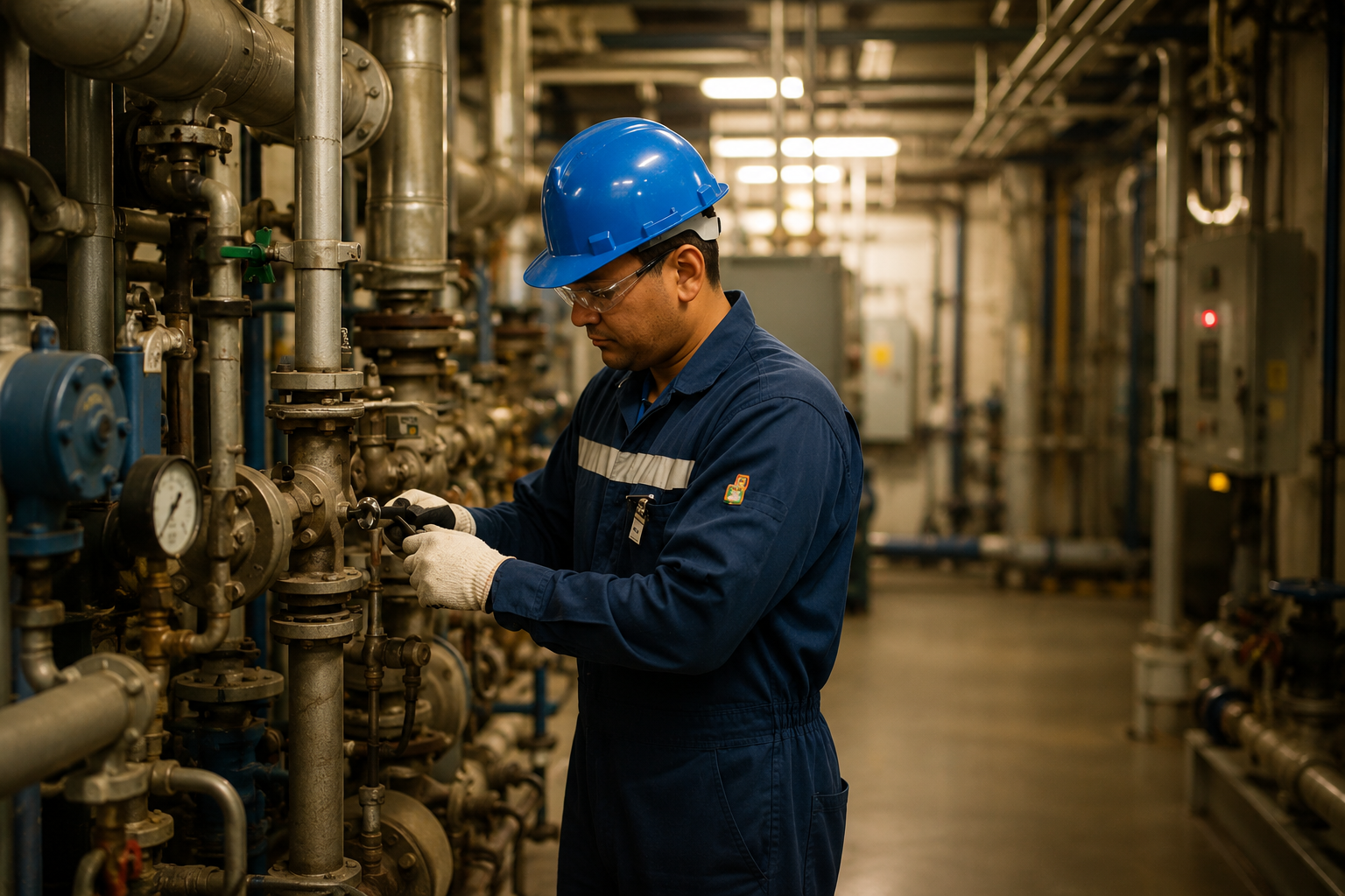 Industrial worker performing maintenance at an essential services facility