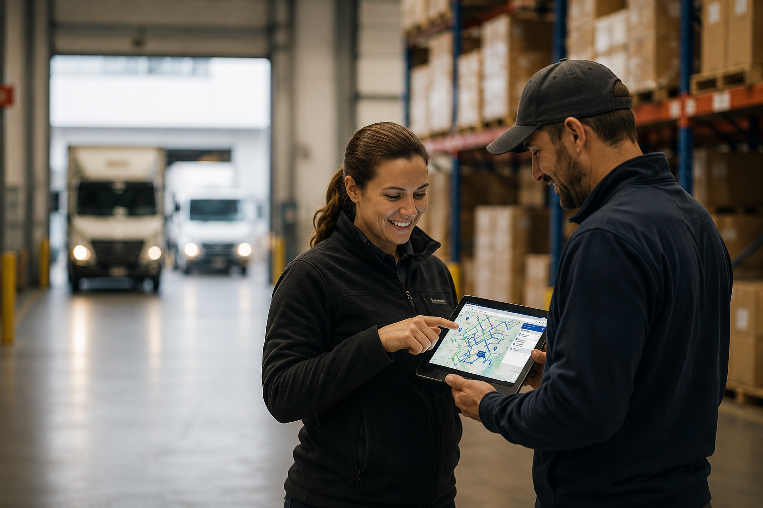 Operations manager holding a tablet with delivery routes and fleet tracking in a modern warehouse